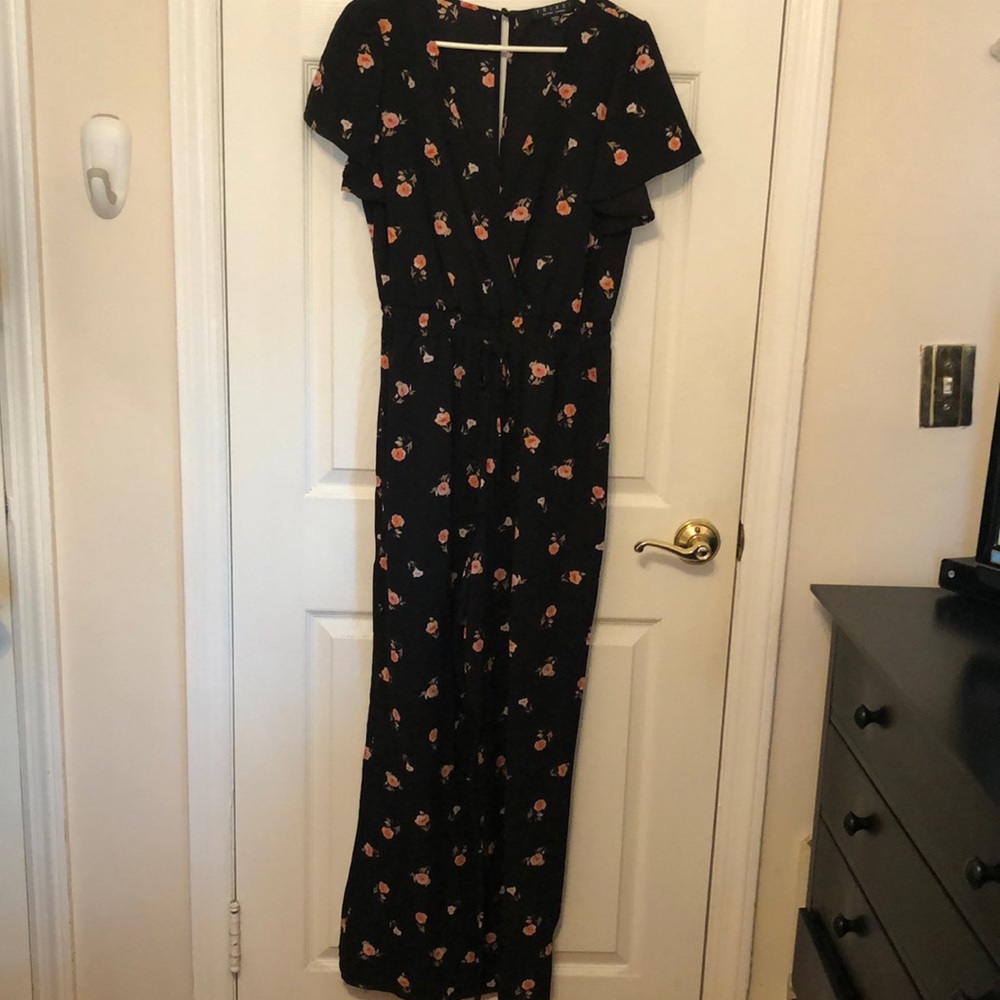 Trixxi Black & Pink Floral V-Neck Jumpsuit Romper with Elastic Waist, Size L